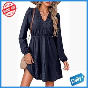 Lace Embroidered V-Neck Long Sleeve A-Line Mini Dress Boho Casual Elegant